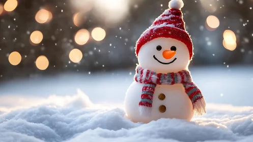 Festive snowman in red hat and scarf under winter lights.