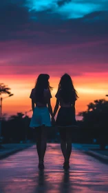 Silhouetted friends walking under vivid sunset sky.
