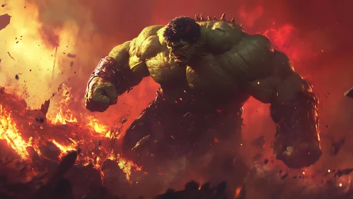 Green titan charges through molten battlefield under firestorm