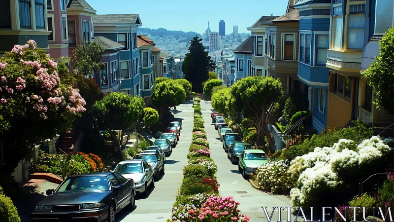 Steep city street lined with pastel houses and lush gardens.