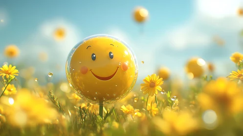 Smiling yellow sphere glows in sunlit flower meadow.