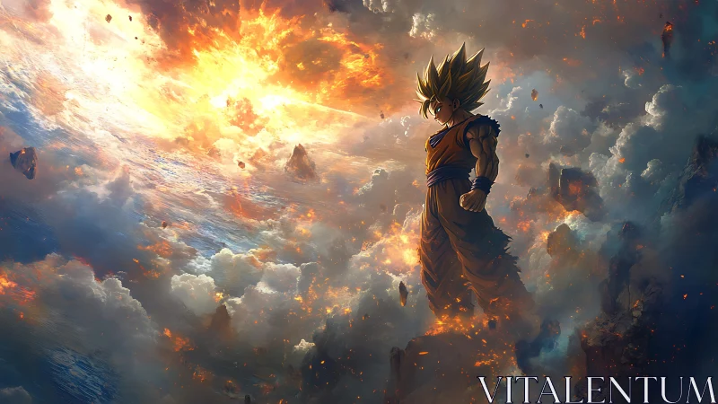 Saiyan warrior stands over burning sky and shattered clouds.