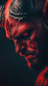 Demonic horned warrior glares downward under red rim light