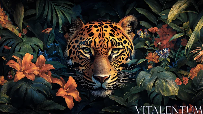 Digital painting of leopard portrait framed by lush tropic flora.