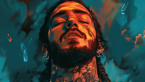 Digital portrait of male figure with closed eyes in teal field.