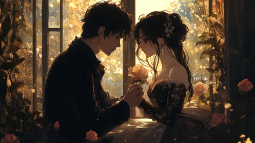 Tender twilight romance shared beside a rose lit window.
