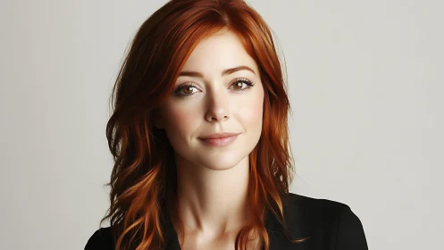 High-key studio headshot shows red-haired woman with soft frontal lighting