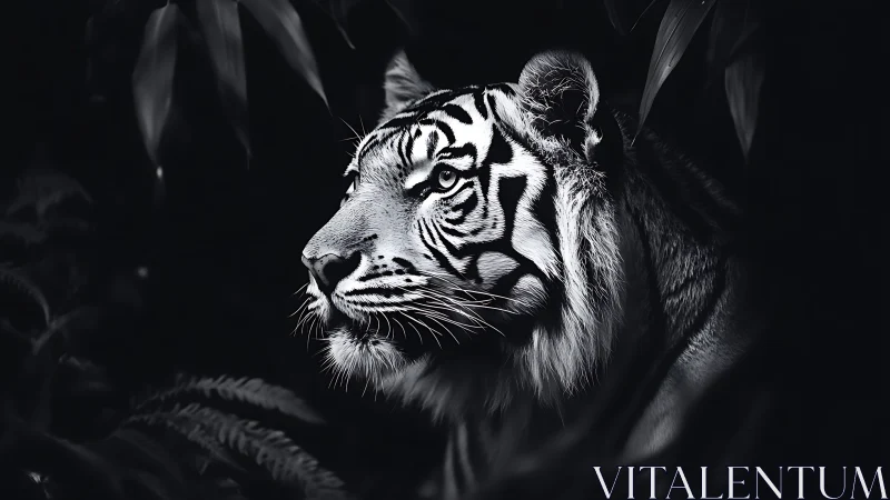 Quiet tiger gazes through jungle shadows in soft moonlight.