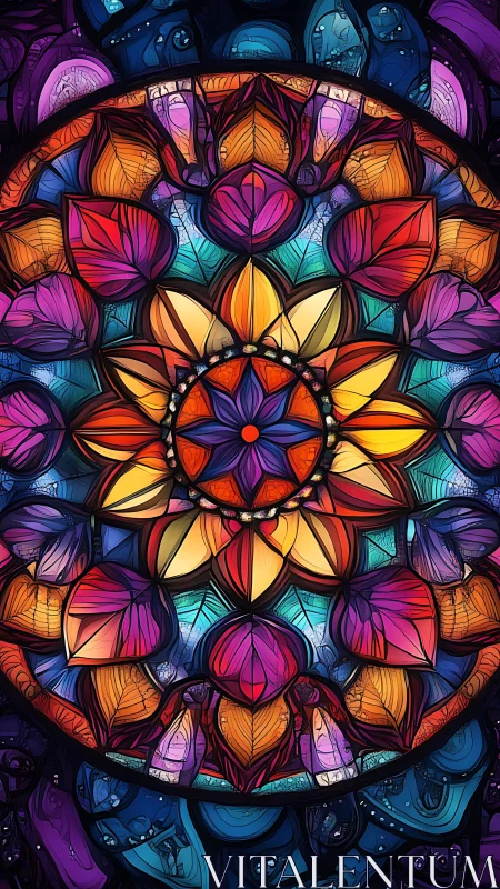 Radial stained glass mandala with prismatic leaf geometry.