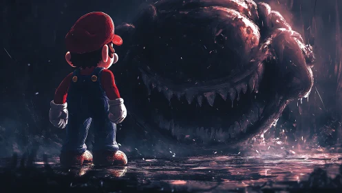 Plumber character confronting massive shadow creature form.