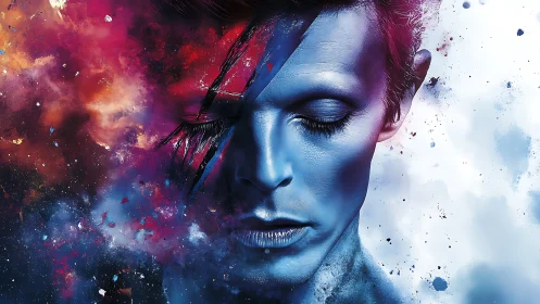 Chromatic nebula portrait with electric facial banding detail.