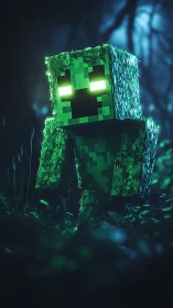 Voxel creeper stalks neon forest under cinematic moonlight.