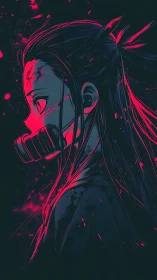 Side profile anime figure with muzzle in neon lighting.