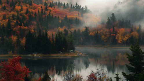 Fog-layered autumn conifer forest mirrored on still lake basin.