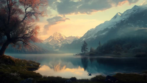 Mountain lake reflects snowy peaks at soft sunrise light