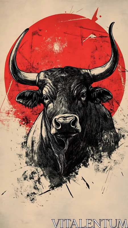 Bull head illustration before red circular backdrop.
