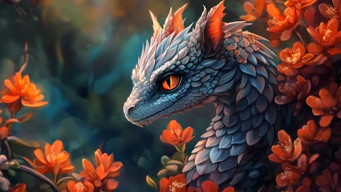 Blue scaled dragon head framed by dense orange flowers