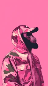 Pink camo gorilla in hooded streetwear illustration.