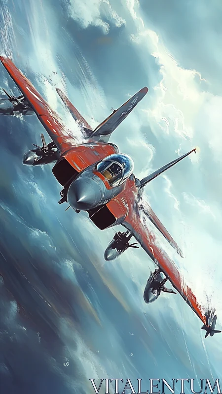 Supersonic red fighter jet rendered in dynamic aerial perspective