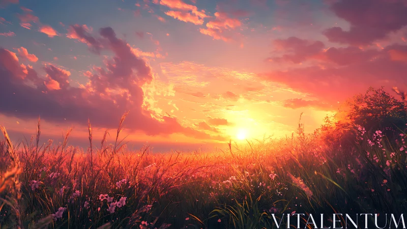 Sunset light across wildflower meadow and clouds.