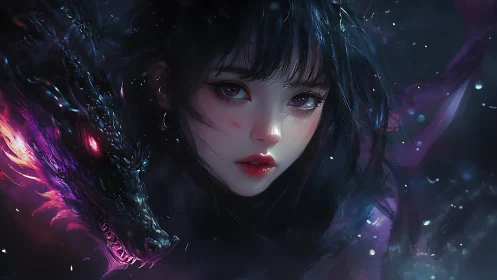 Sorceress faces spectral dragon in glowing storm shadows