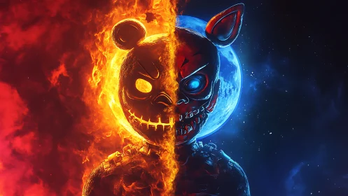 Infernal robotic bear split by fire and cosmic night.