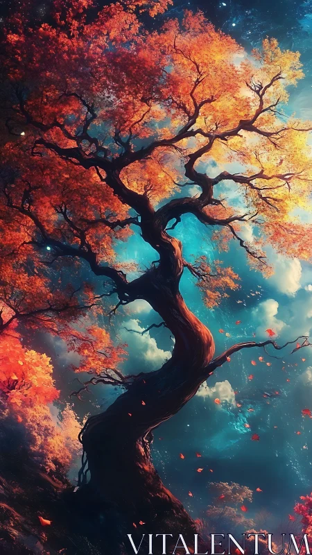 Twisting autumn tree under vivid blue dream sky.