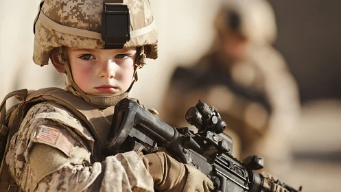 Tender young child in oversized military gear invites concern