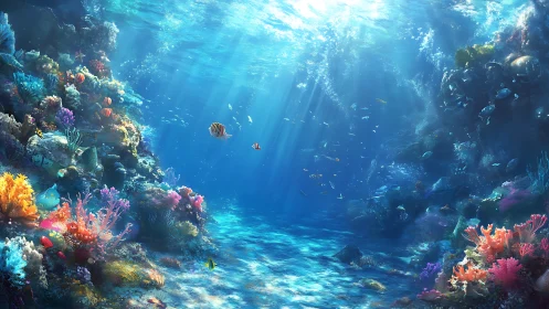 Underwater coral reef scene shows diverse fish and strong light
