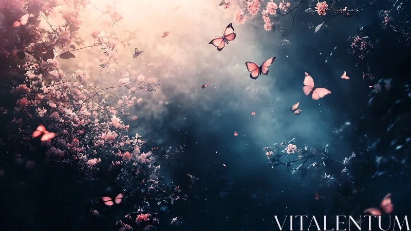 Pink butterflies in soft light above dark floral undergrowth.