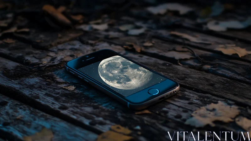 Smartphone with moon image on worn wooden surface at night.