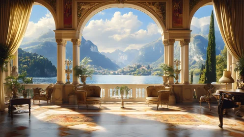 Neoclassical lakeside loggia framing alpine panorama in light.