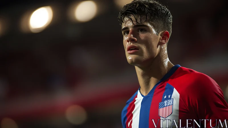 Focused soccer player in USA striped jersey under lights.