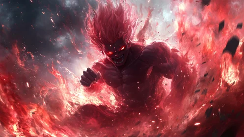 Fiery demon warrior charges forward through erupting flames