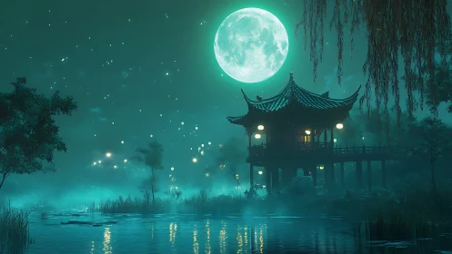 Lakeside pavilion under large full moon in misty night