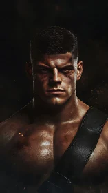 Battle-scarred digital warrior portrait, cinematic hard lighting.