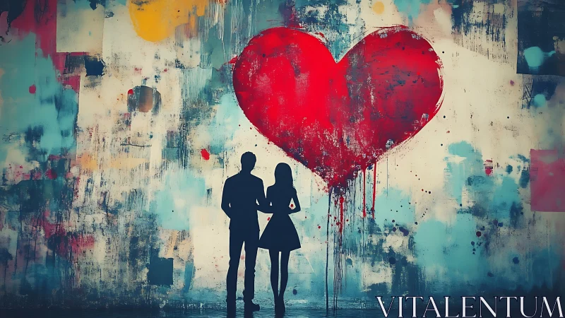 Silhouetted figures positioned beneath large red heart form against textured abstract background.