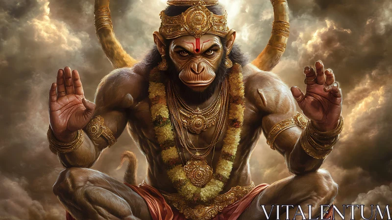 Divine simian warrior rendered in hyperreal digital chiaroscuro