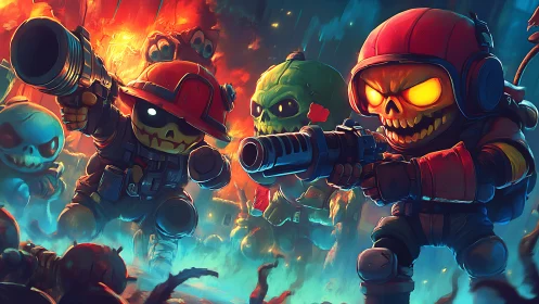 Cartoon skull soldiers unleash glowing weapons in inferno