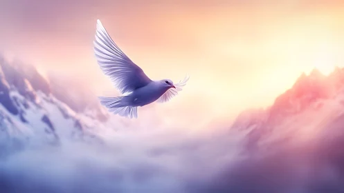 High-key white dove rendered against defocused alpine sunrise sky