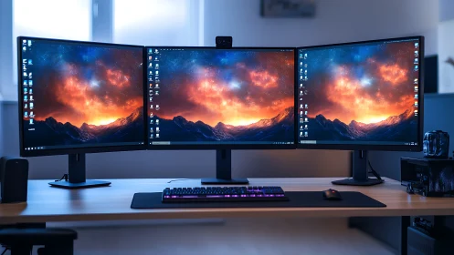 Triple curved monitor workstation with RGB keyboard in low-key lighting