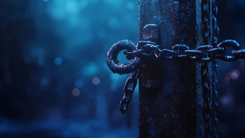 Moonlit iron chain guarding a silent, fog blue threshold.