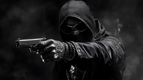 Shadowy masked figure holds a gun in stark monochrome tension