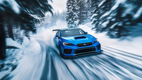 Electric blue rally car carving through a fresh winter forest.