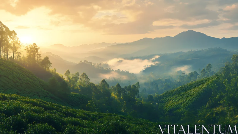Sunlit mountain tea plantations extend across foggy valleys