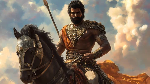 Warrior on armored horse rides forward under bright clouds