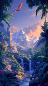 Primeval tropical valley unfolds beneath glowing peaks.
