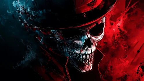 Crimson-splashed skull in a dark hat commands vivid shadows