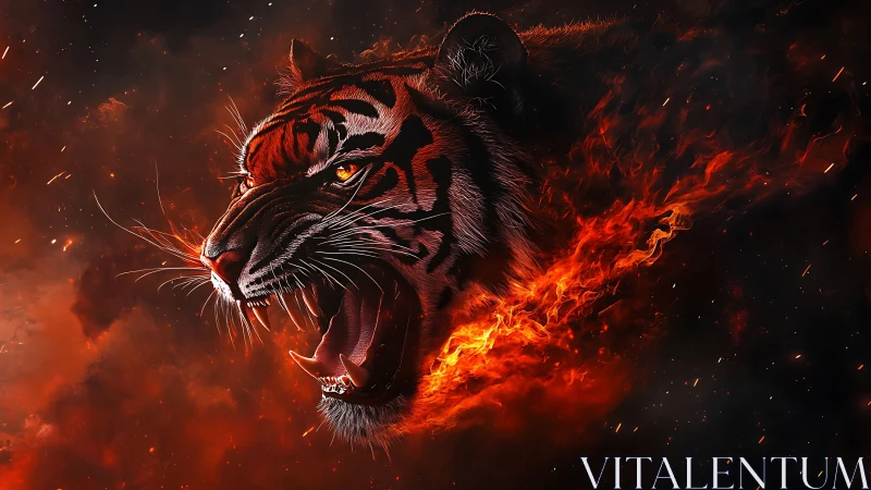 Roaring tiger head merges with directional flame trail in space
