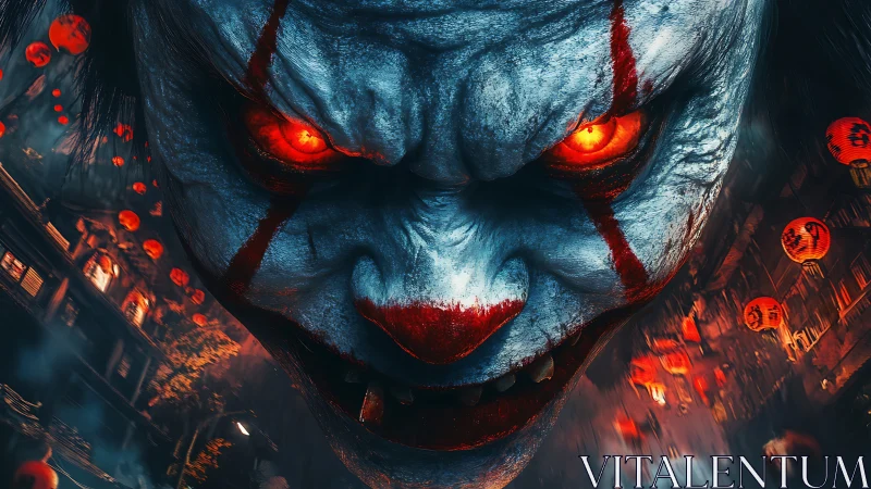 Demonic clown face dominates neon lantern street scene.